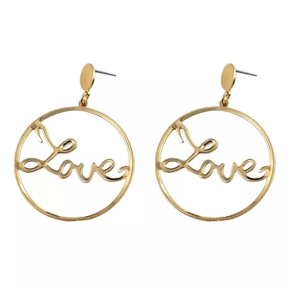 Gold Love Worded Round Hoop Dangle Earrings Cute Statement Jewelry Accessories - Picture 3 of 5